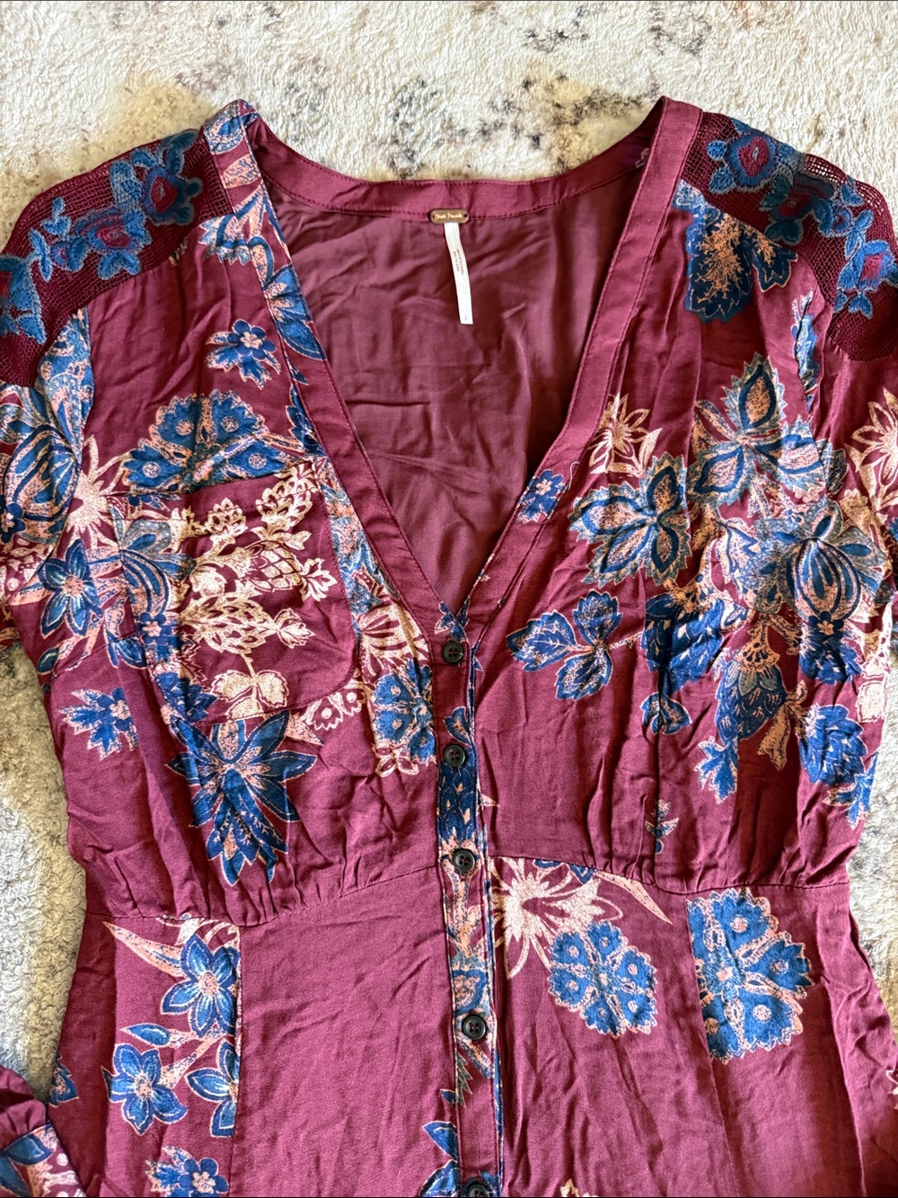 Free People Burgundy Floral Button Front Midi Maxi Dress Size 2 Boho Long Sleeve - Picture 3 of 9